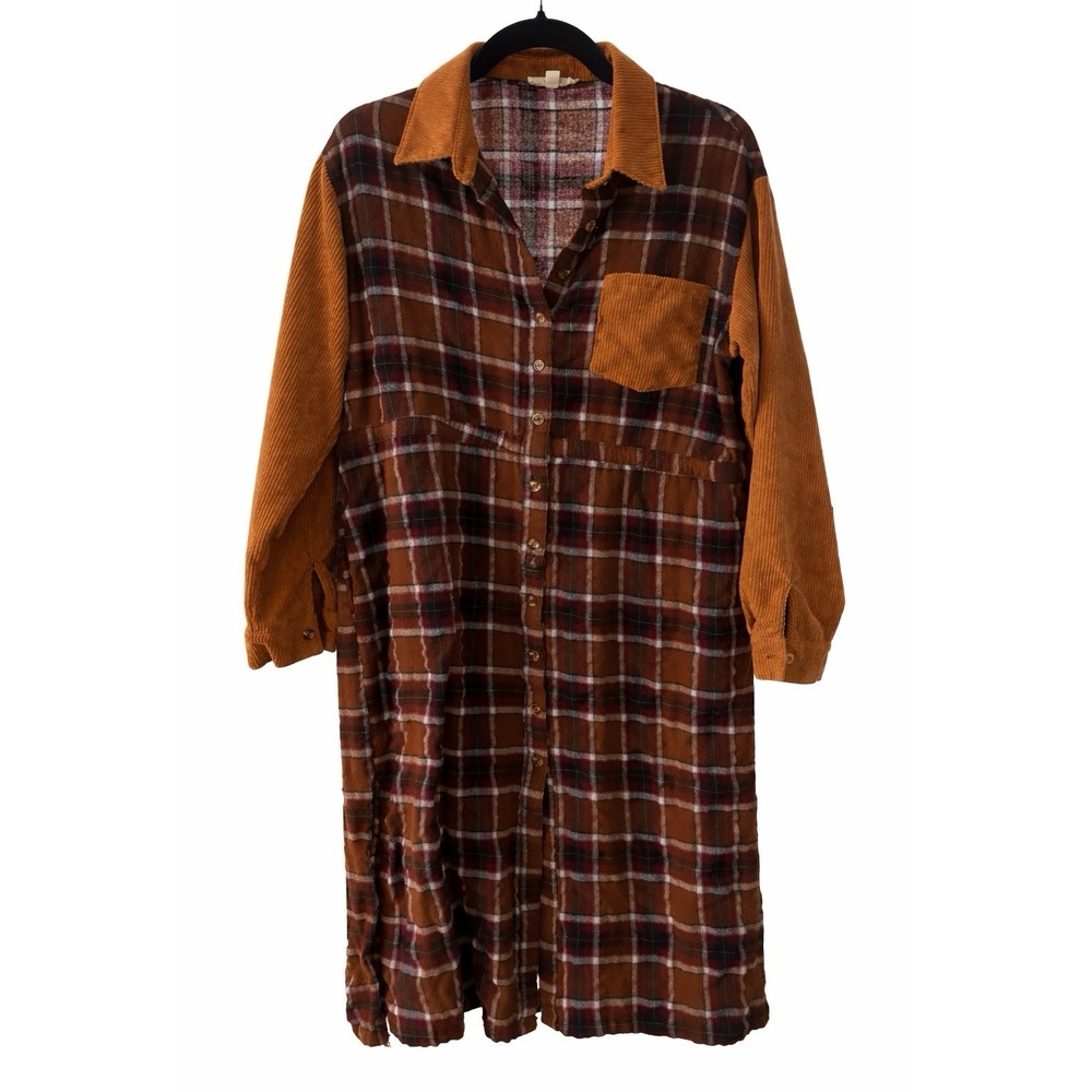 Easel Los Angeles Shirt Dress‎ Coffee Plaid Flannel Corduroy Sleeves Size Small